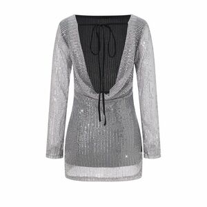 Backless Silver Sequin Coctail Party Mini Dress